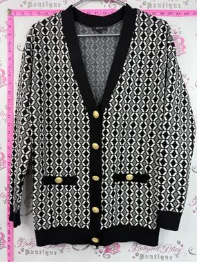 RW&CO. Sweater cardigan Black and White Geometric Knit Blazer with Gold Buttons